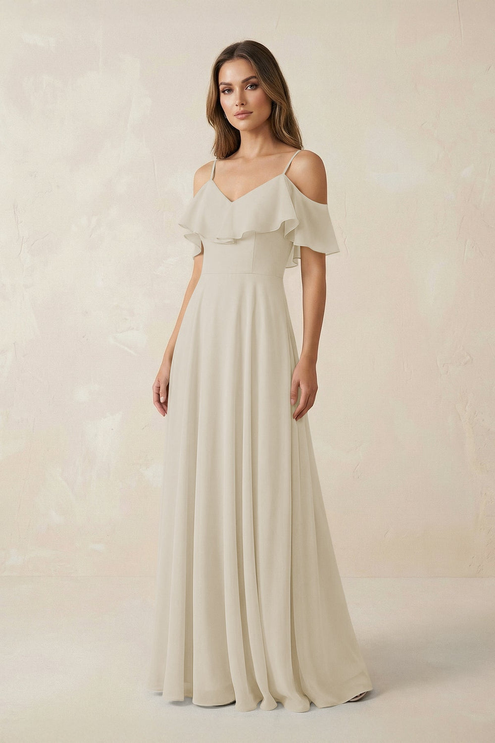 Off-the-Shoulder Ruffled A-Line Chiffon Bridesmaid Dress in Dove Gray