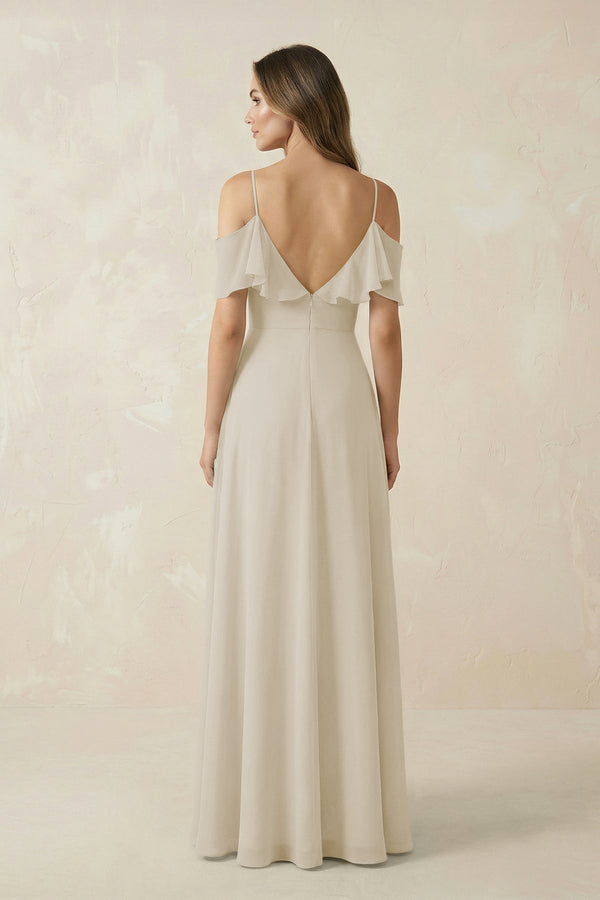 Off - the - Shoulder Ruffled A - Line Chiffon Bridesmaid Dress in Dove Gray - KISS BRIDAL Bridesmaid Dresses