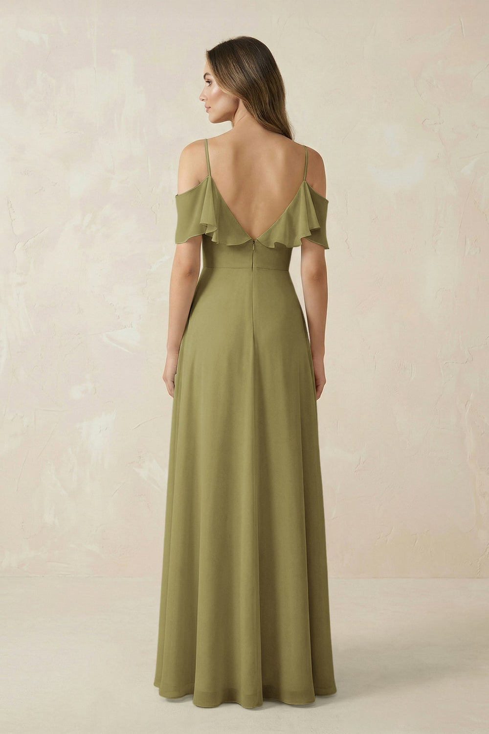 Off-the-Shoulder Ruffled A-Line Chiffon Bridesmaid Dress in Moss Green