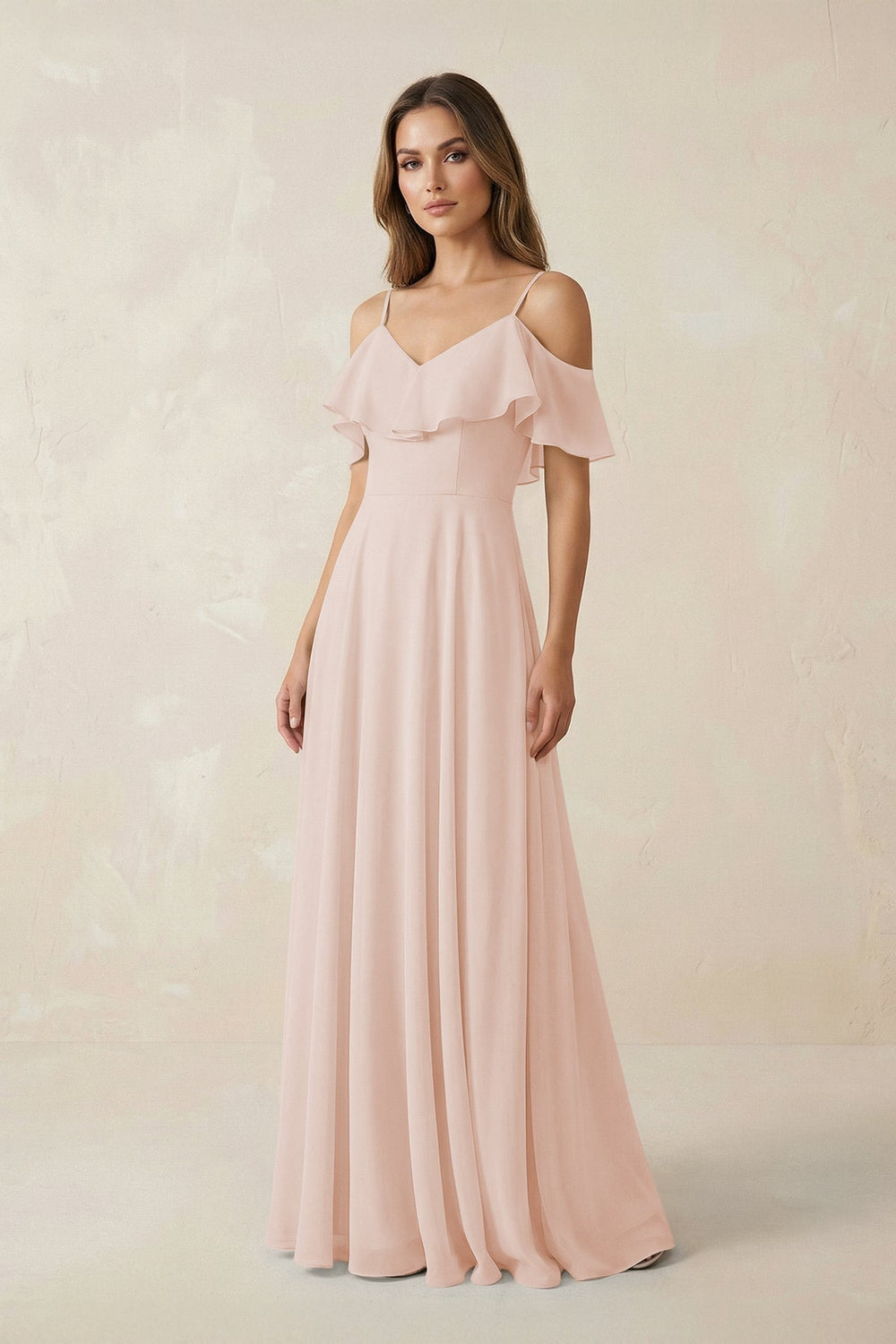 Off-the-Shoulder Ruffled A-Line Chiffon Bridesmaid Dress in Pale Blush