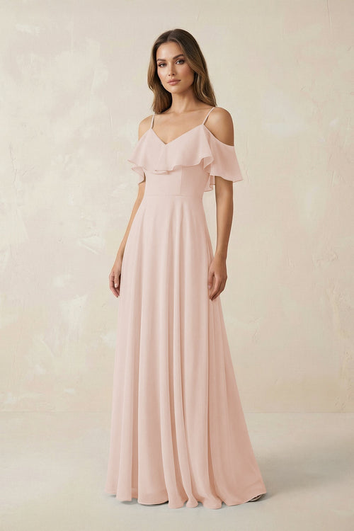 Off - the - Shoulder Ruffled A - Line Chiffon Bridesmaid Dress in Pale Blush - KISS BRIDAL Bridesmaid Dresses