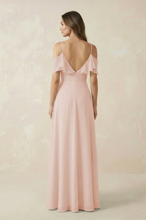 Off - the - Shoulder Ruffled A - Line Chiffon Bridesmaid Dress in Pale Blush - KISS BRIDAL Bridesmaid Dresses