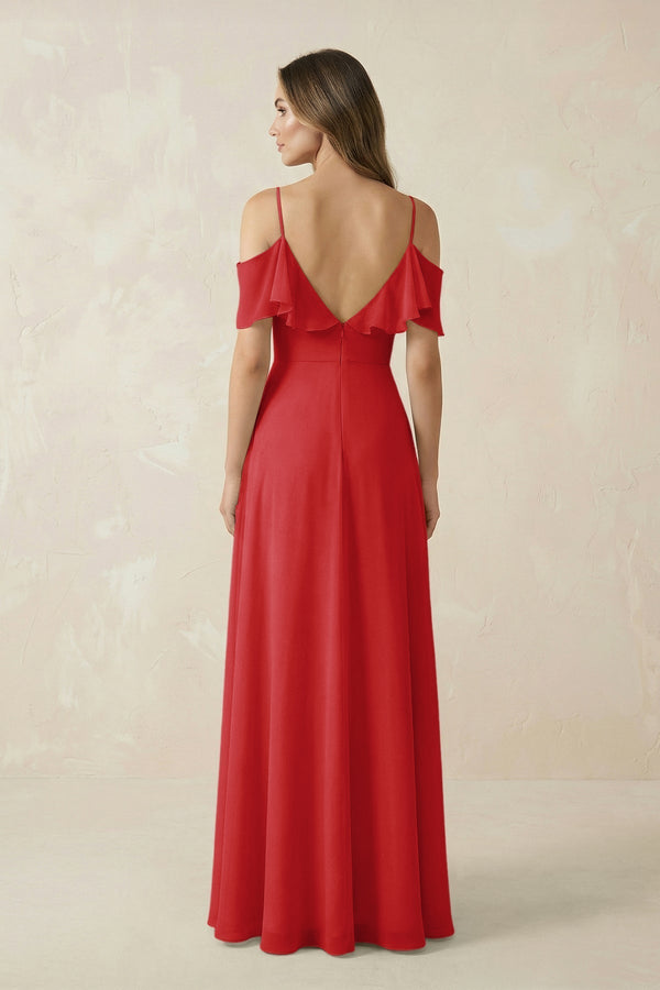 Off - the - Shoulder Ruffled A - Line Chiffon Bridesmaid Dress in Ruby Red - KISS BRIDAL Bridesmaid Dresses