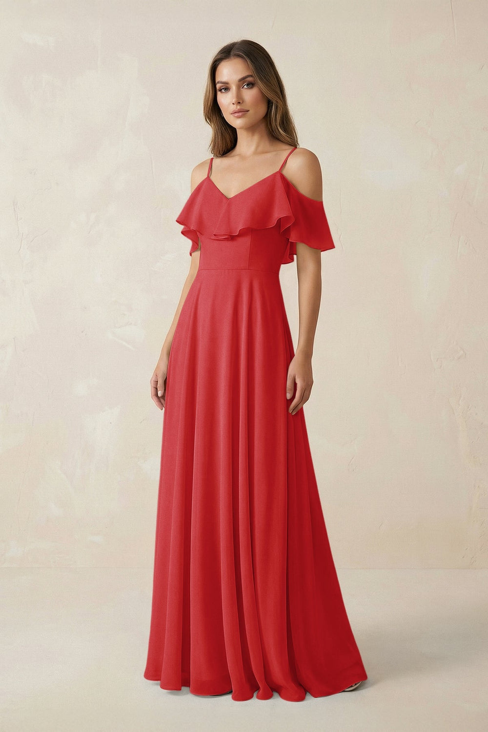 Off-the-Shoulder Ruffled A-Line Chiffon Bridesmaid Dress in Ruby Red