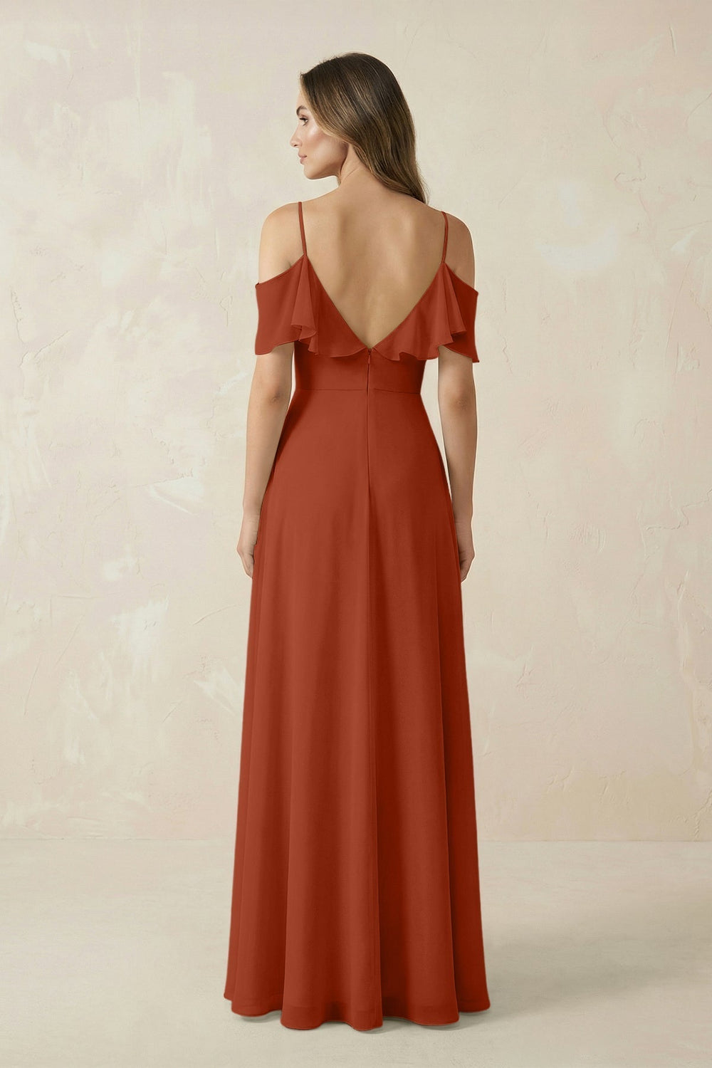 Off-the-Shoulder Ruffled A-Line Chiffon Bridesmaid Dress in Spice