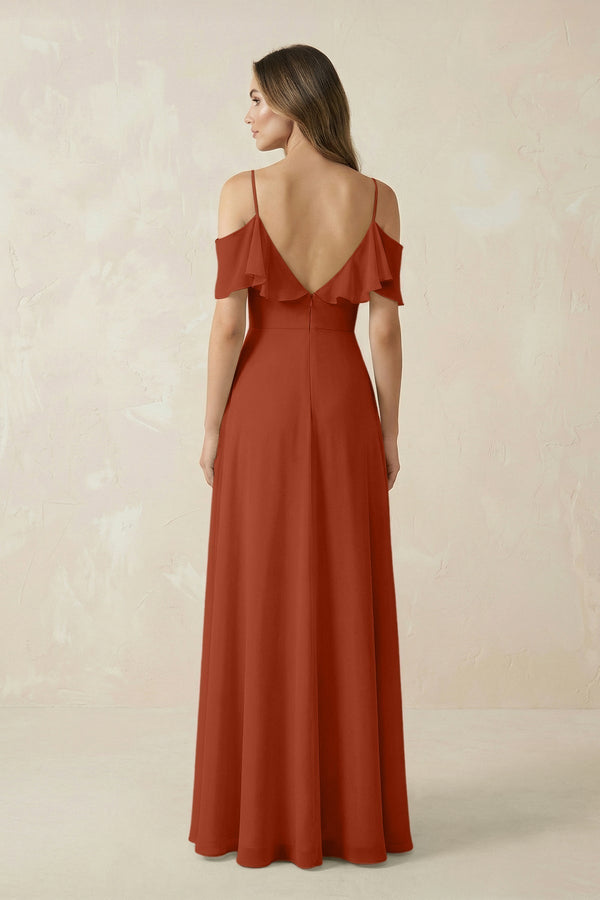 Off - the - Shoulder Ruffled A - Line Chiffon Bridesmaid Dress in Spice - KISS BRIDAL Bridesmaid Dresses