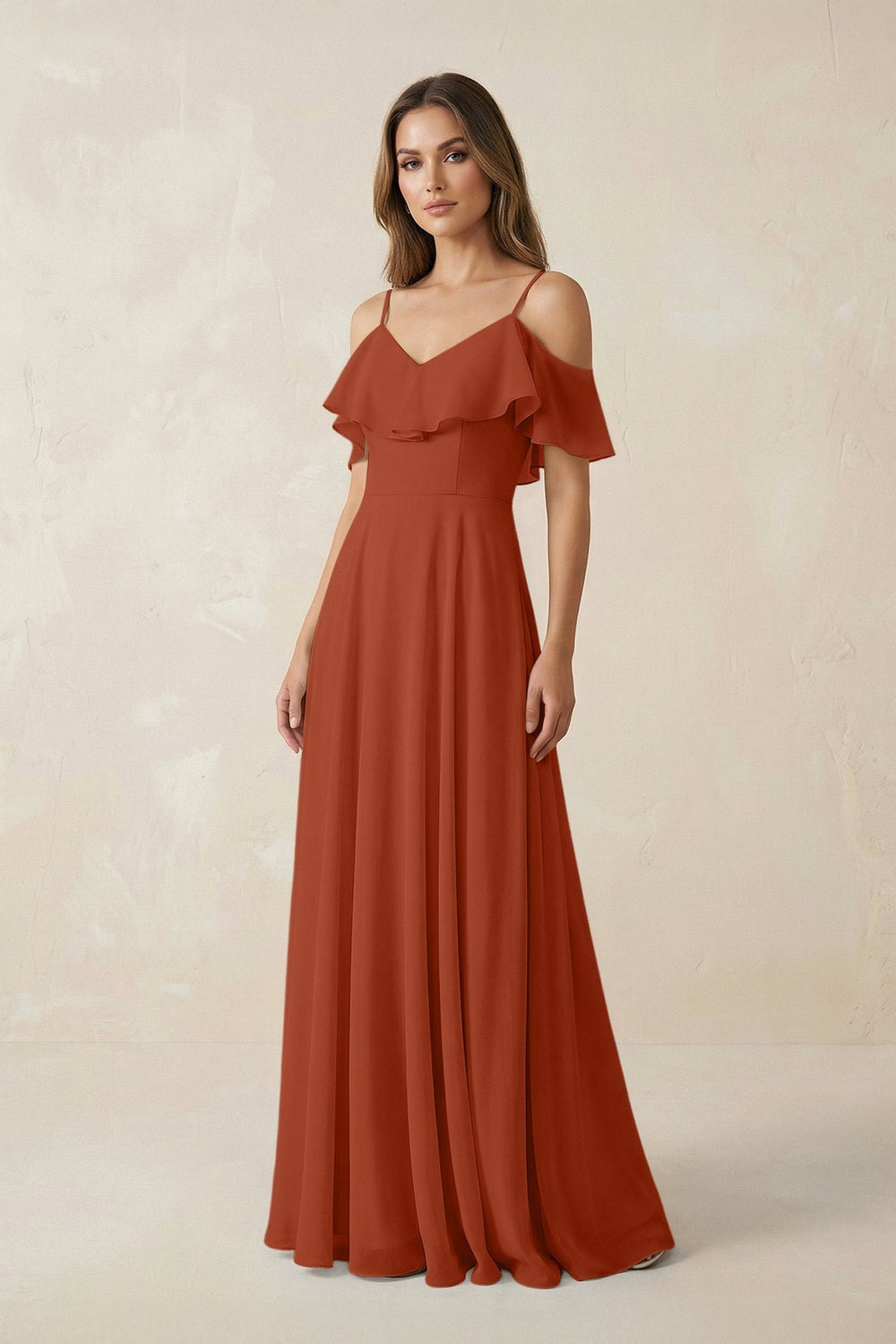Off-the-Shoulder Ruffled A-Line Chiffon Bridesmaid Dress in Spice