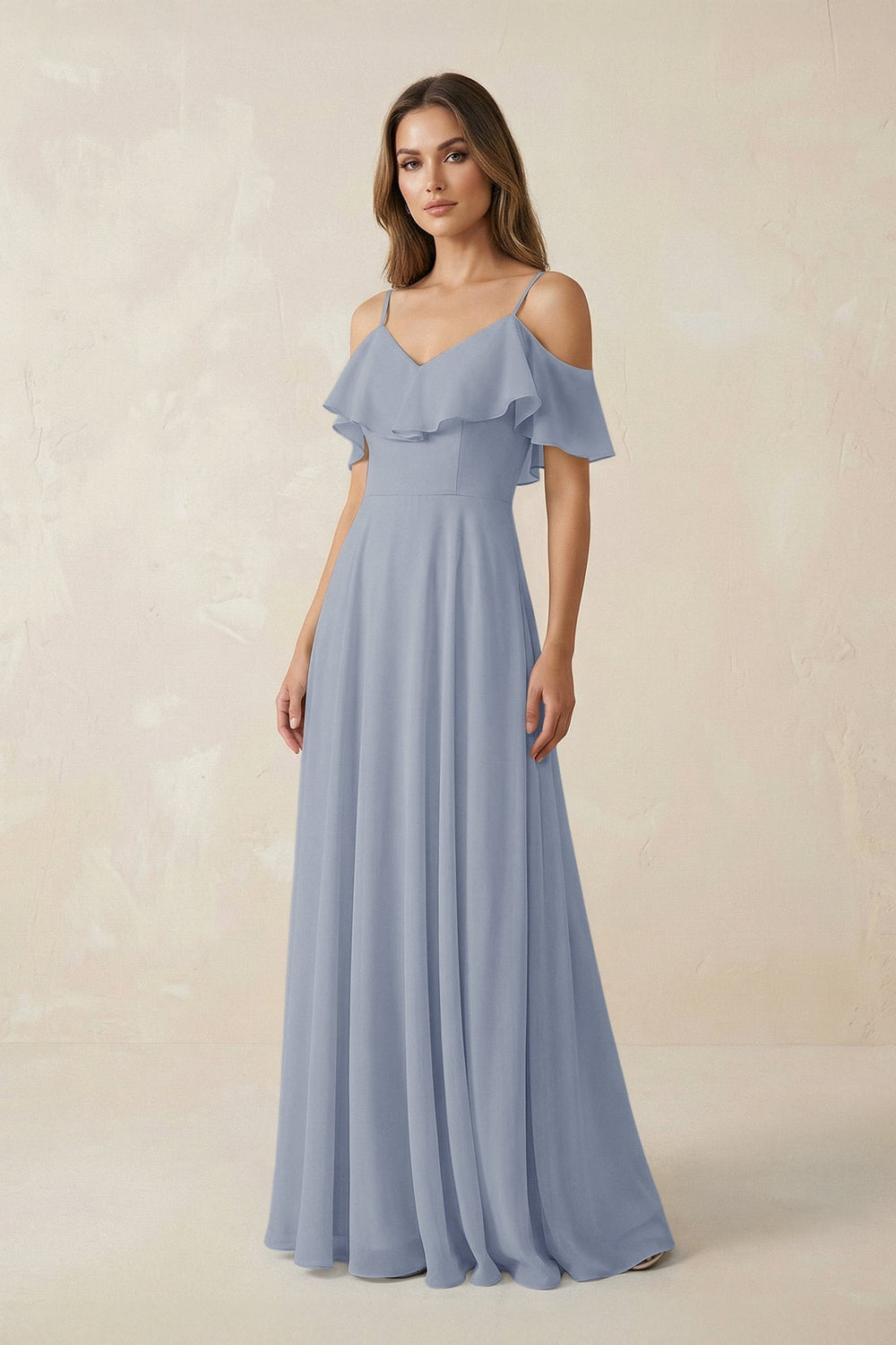 Off-the-Shoulder Ruffled A-Line Chiffon Bridesmaid Dress in Twilight