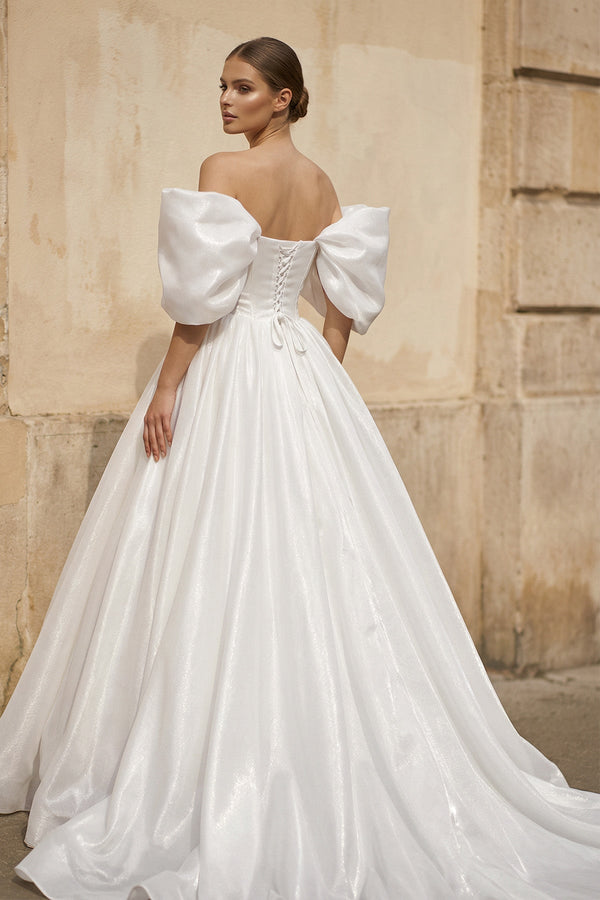 Off - the - Shoulder Satin A - Line Corset Wedding Dress - KISS BRIDAL Wedding Dresses