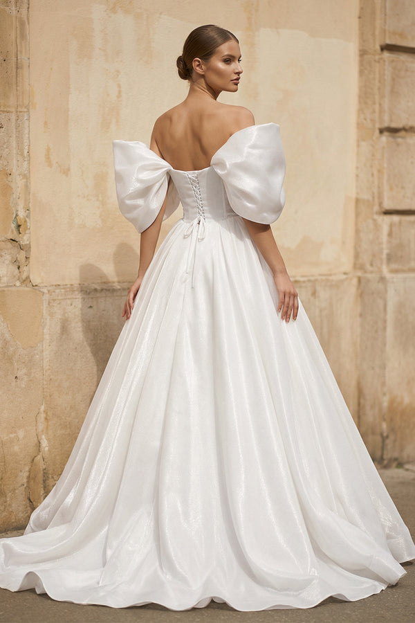 Off - the - Shoulder Satin A - Line Corset Wedding Dress - KISS BRIDAL Wedding Dresses