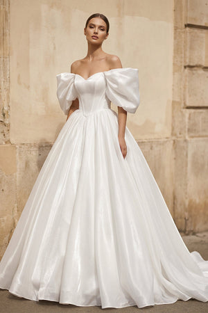 Off - the - Shoulder Satin A - Line Corset Wedding Dress - KISS BRIDAL Wedding Dresses