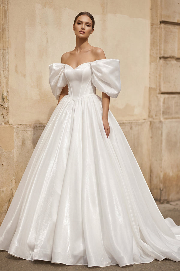 Off - the - Shoulder Satin A - Line Corset Wedding Dress - KISS BRIDAL Wedding Dresses