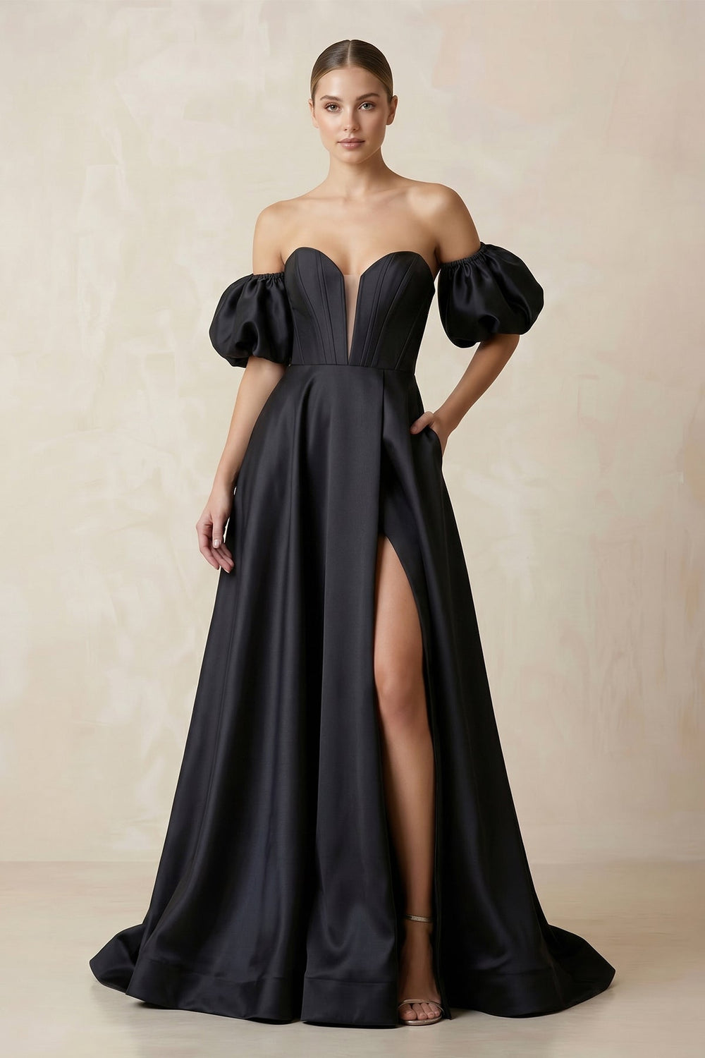 Off-the-Shoulder Satin A-Line Plunge Wedding Dress in Black