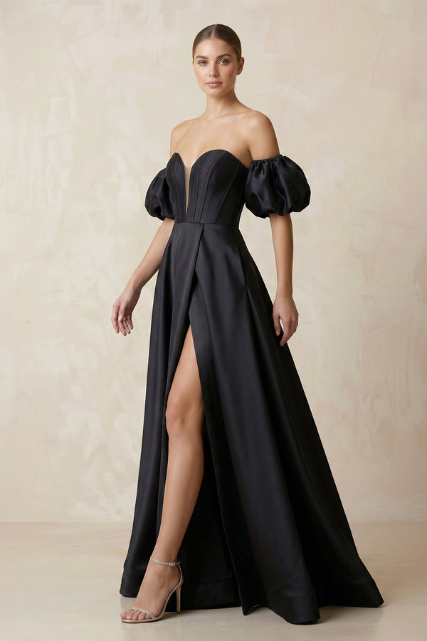 Off - the - Shoulder Satin A - Line Plunge Wedding Dress in Black - KISS BRIDAL Wedding Dresses