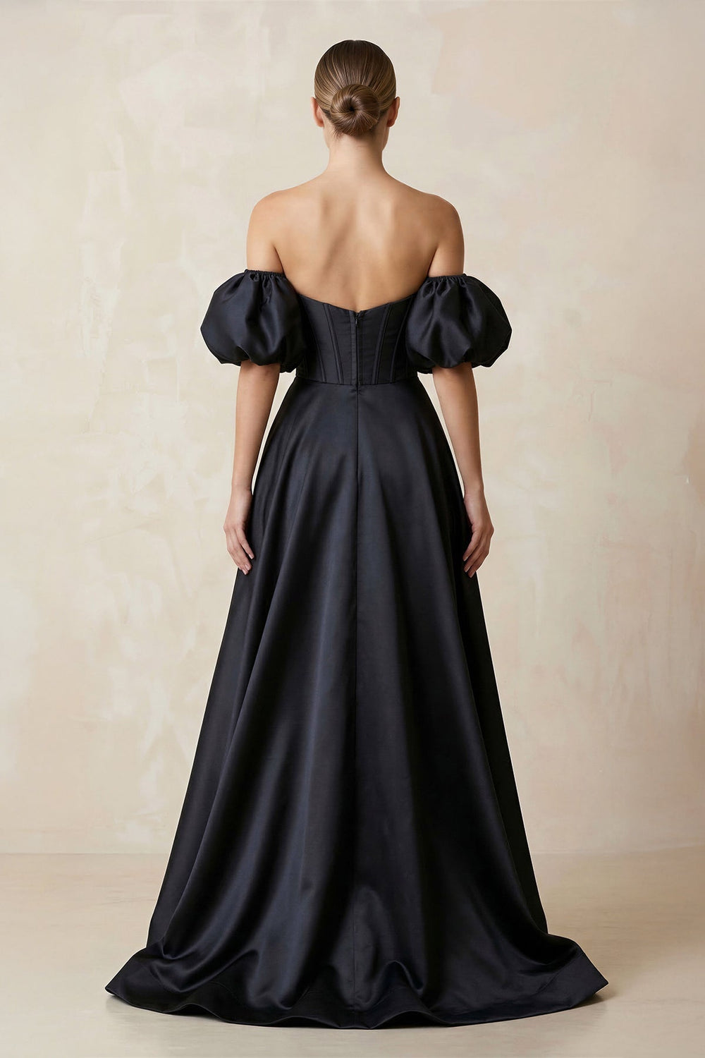 Off-the-Shoulder Satin A-Line Plunge Wedding Dress in Black