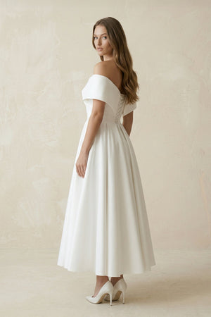 Off - the - Shoulder Satin A - Line Ruhed Wedding Dress in White - KISS BRIDAL Wedding Dresses