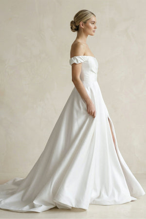 Off - the - Shoulder Satin A - Line Wedding Dress in White - KISS BRIDAL Wedding Dresses