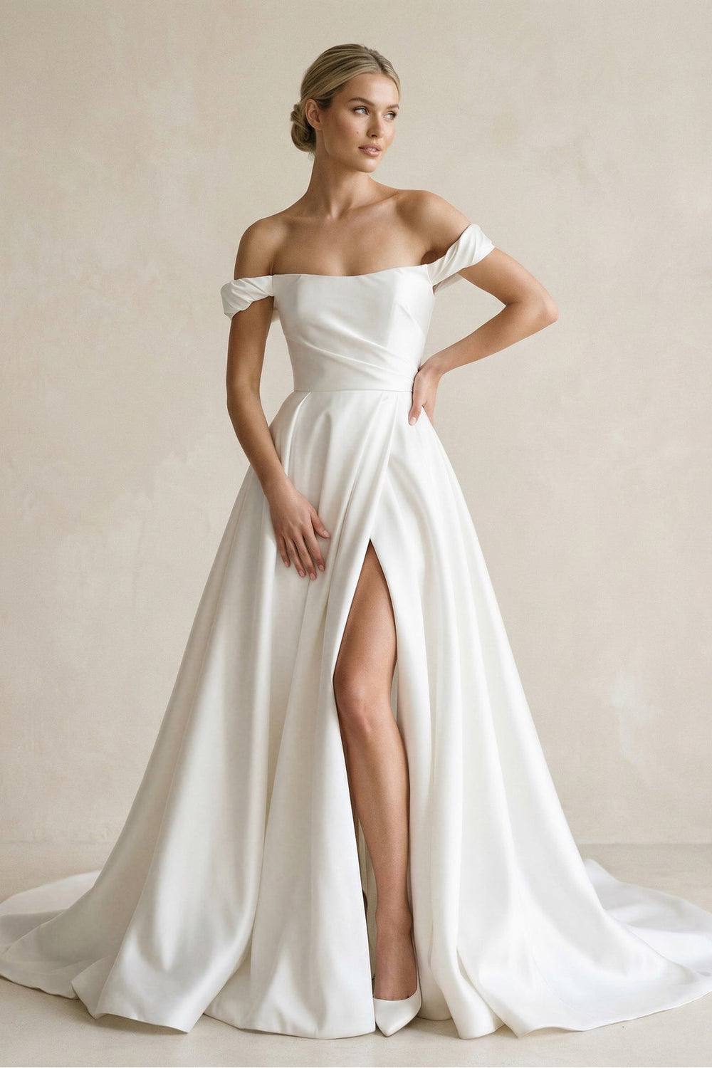 Off-the-Shoulder Satin A-Line Wedding Dress in White