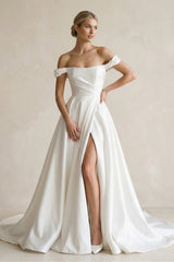 Off - the - Shoulder Satin A - Line Wedding Dress in White - KISS BRIDAL Wedding Dresses