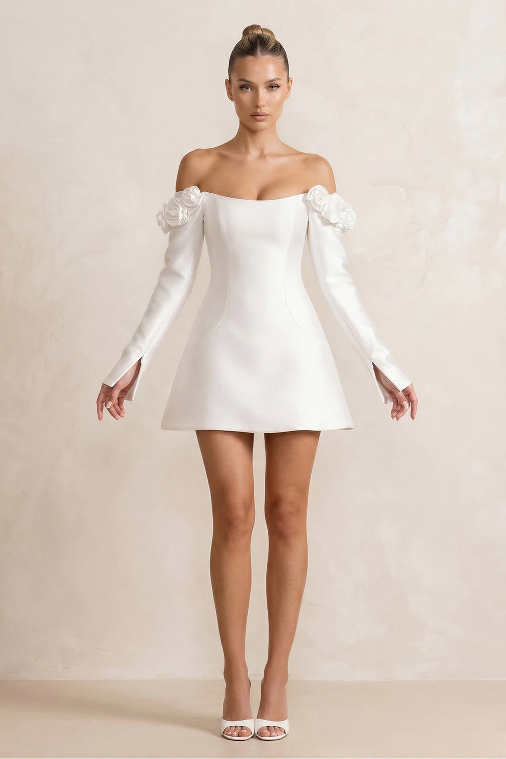 Off-the-Shoulder Satin A-Line Wedding Dress with Long Sleeeves in White