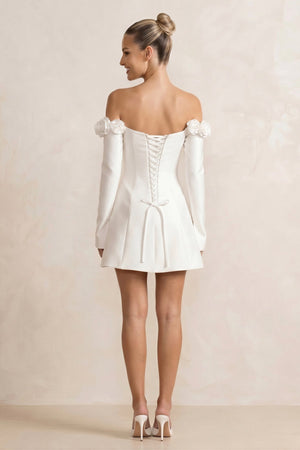Off - the - Shoulder Satin A - Line Wedding Dress with Long Sleeeves in White - KISS BRIDAL Wedding Dresses