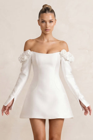 Off - the - Shoulder Satin A - Line Wedding Dress with Long Sleeeves in White - KISS BRIDAL Wedding Dresses