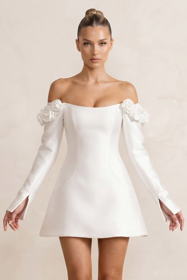 Off - the - Shoulder Satin A - Line Wedding Dress with Long Sleeeves in White - KISS BRIDAL Wedding Dresses