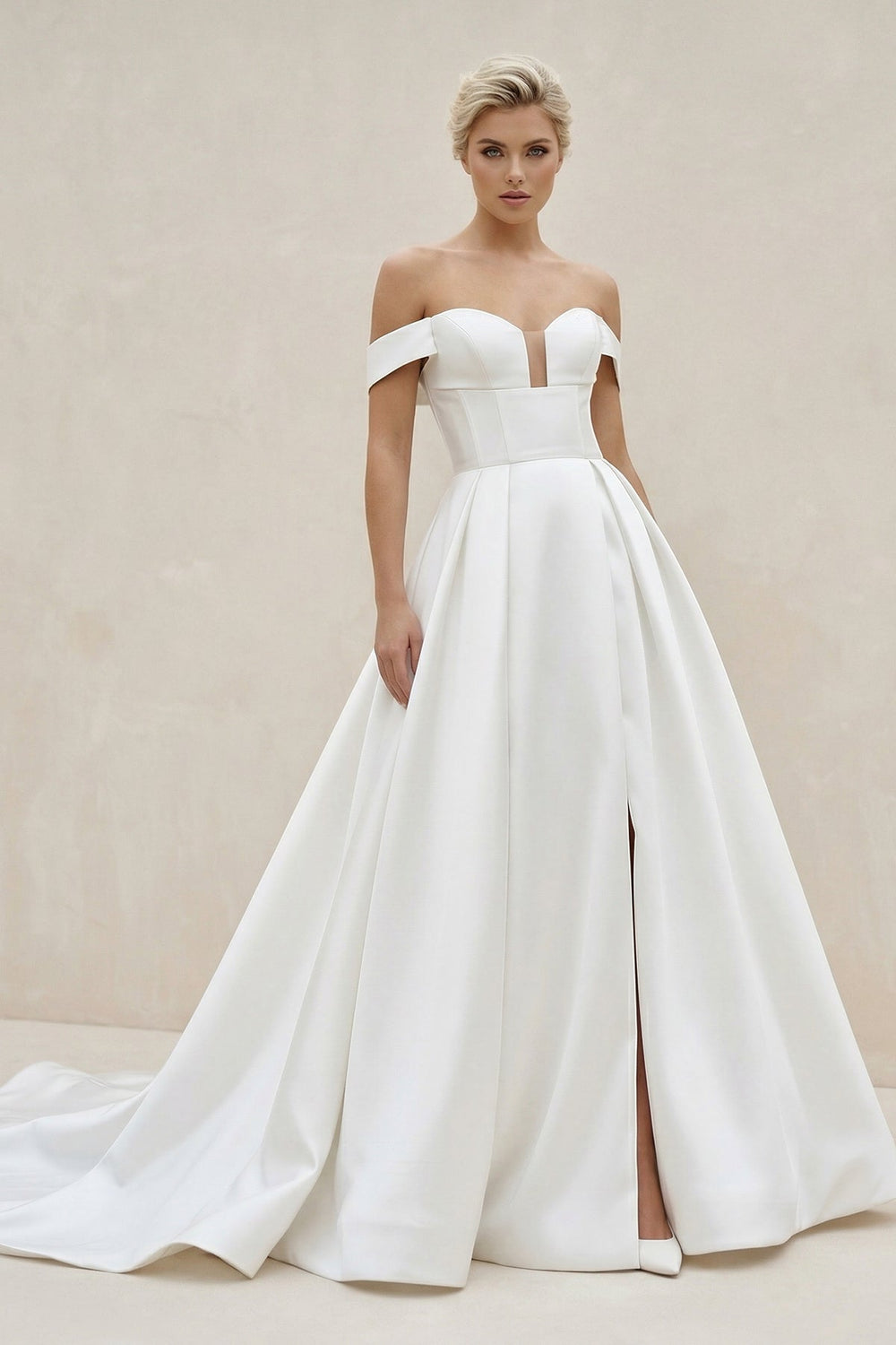 Off-the-Shoulder Satin Wedding Dress With Slit in White