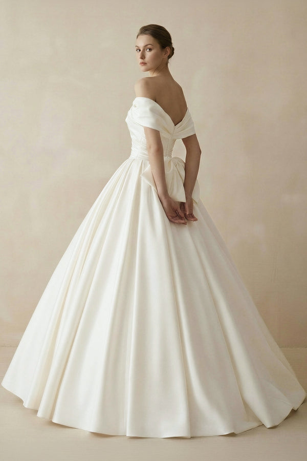 Off The Shoulder Satin Ball Gown Wedding Dress - KISS BRIDAL Wedding Dresses