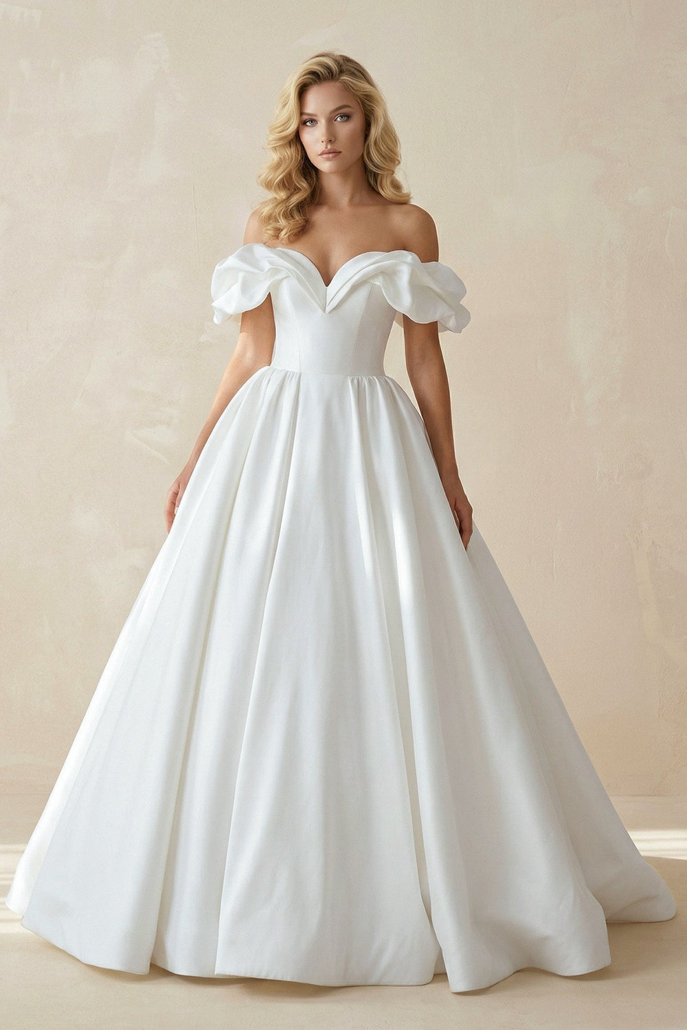 Off-the-Shoulder Satin Ball Gown Wedding Dress in White
