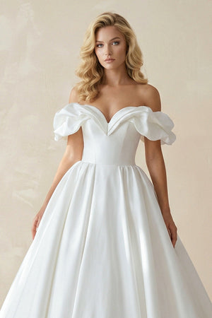 Off - the - Shoulder Satin Ball Gown Wedding Dress in White - KISS BRIDAL Wedding Dresses