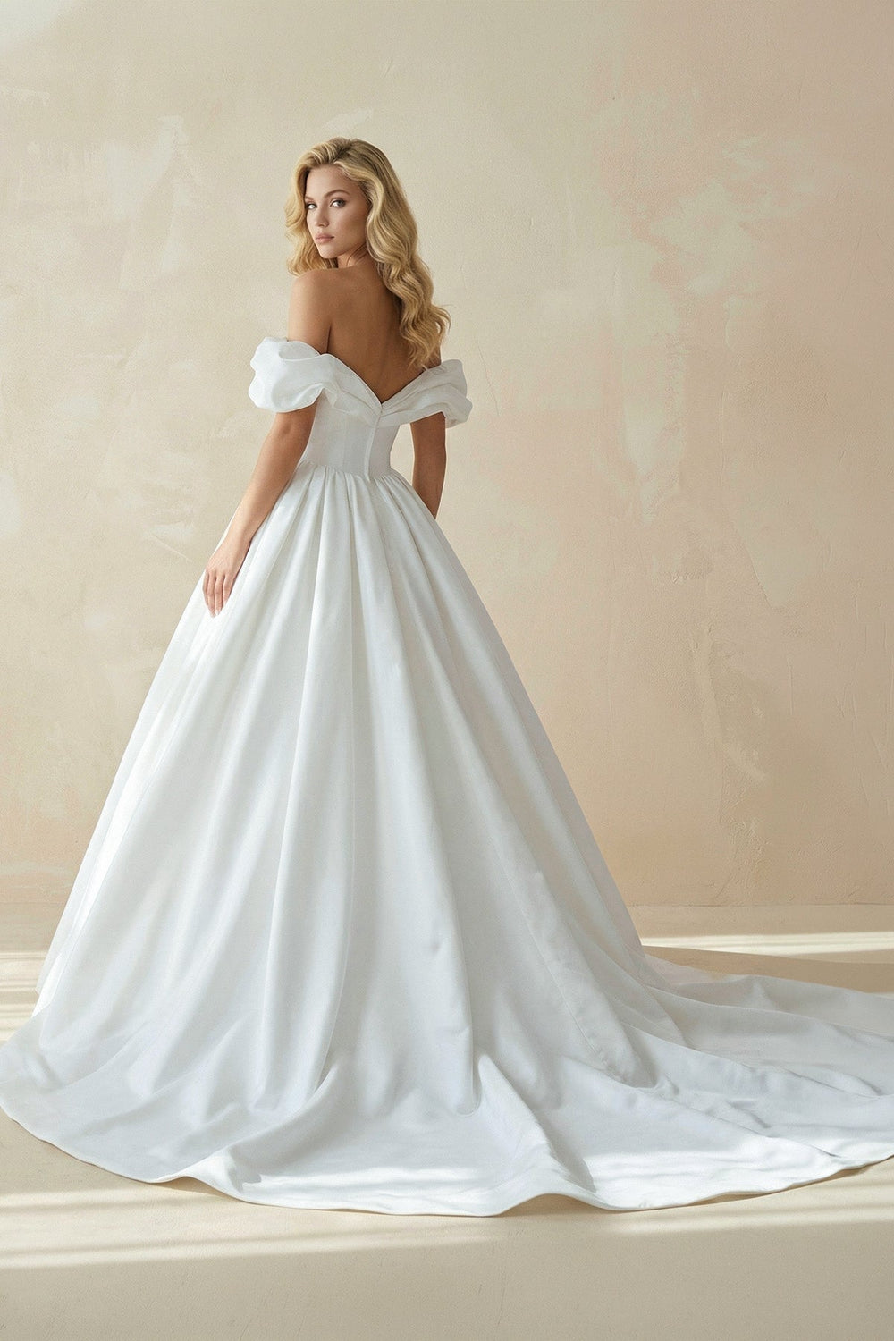 Off-the-Shoulder Satin Ball Gown Wedding Dress in White