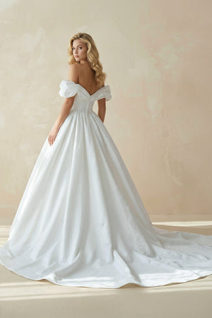 Off - the - Shoulder Satin Ball Gown Wedding Dress in White - KISS BRIDAL Wedding Dresses