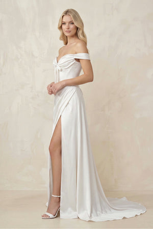 Off - the - Shoulder Satin Bow Ruched Wedding Dress with Slit in White - KISS BRIDAL Wedding Dresses