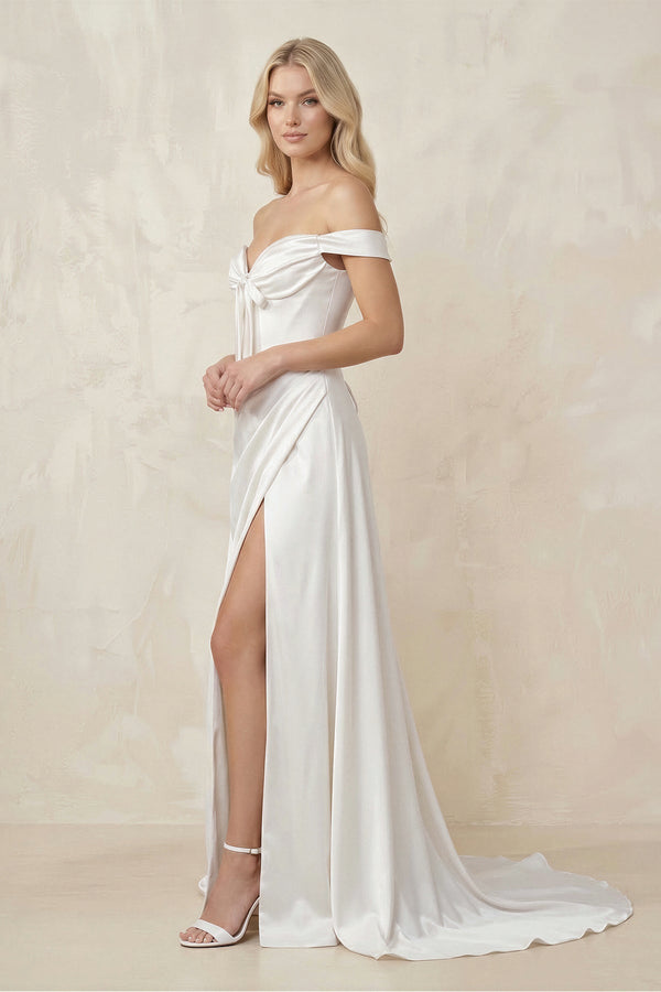 Off - the - Shoulder Satin Bow Ruched Wedding Dress with Slit in White - KISS BRIDAL Wedding Dresses