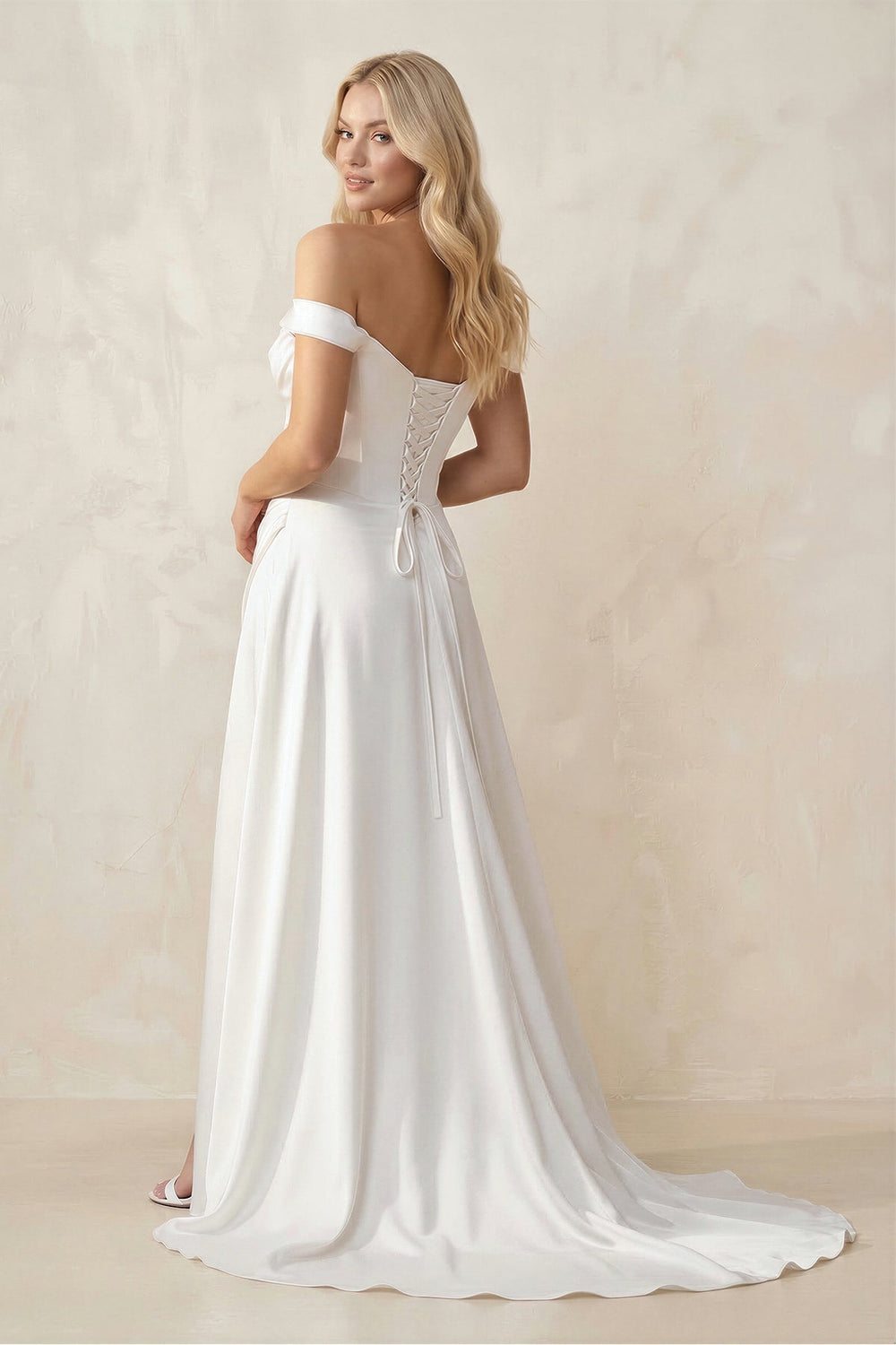 Off-the-Shoulder Satin Bow Ruched Wedding Dress with Slit in White
