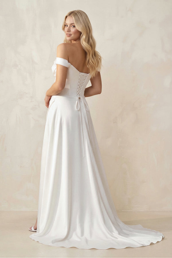 Off - the - Shoulder Satin Bow Ruched Wedding Dress with Slit in White - KISS BRIDAL Wedding Dresses