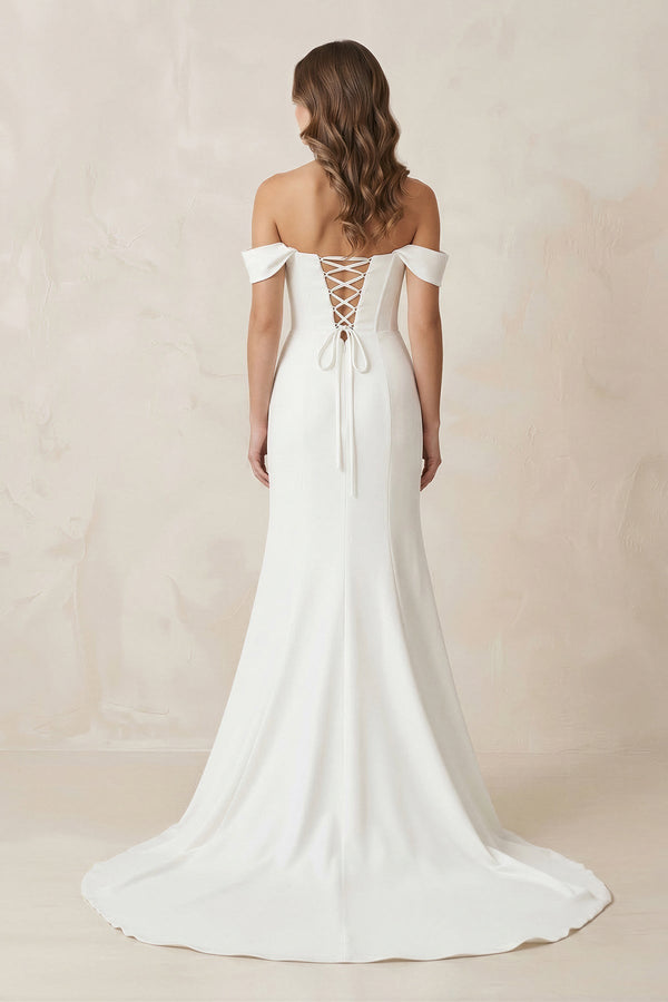 Off - the - Shoulder Satin Mermaid Corset Wedding Dress in White - KISS BRIDAL Wedding Dresses