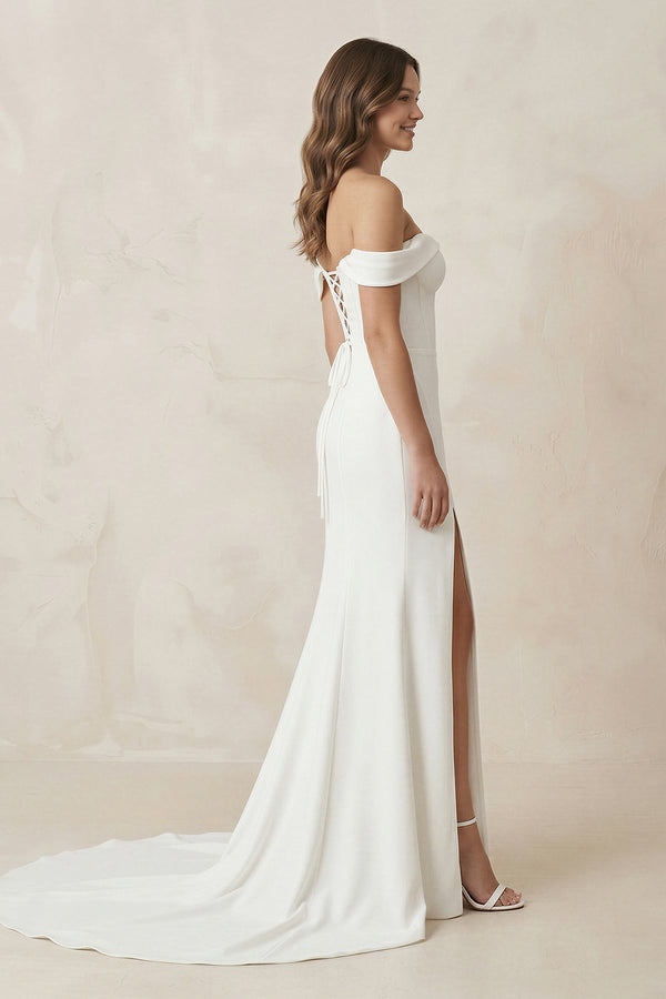 Off - the - Shoulder Satin Mermaid Corset Wedding Dress in White - KISS BRIDAL Wedding Dresses