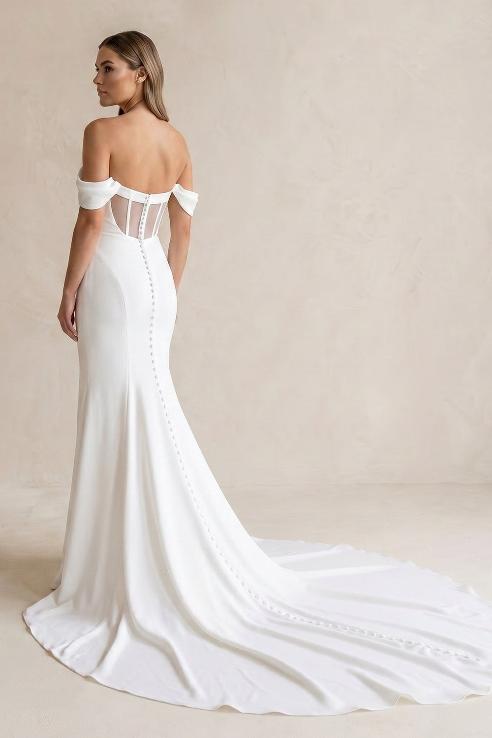 Off-the-Shoulder Satin Mermaid Wedding Dress in White