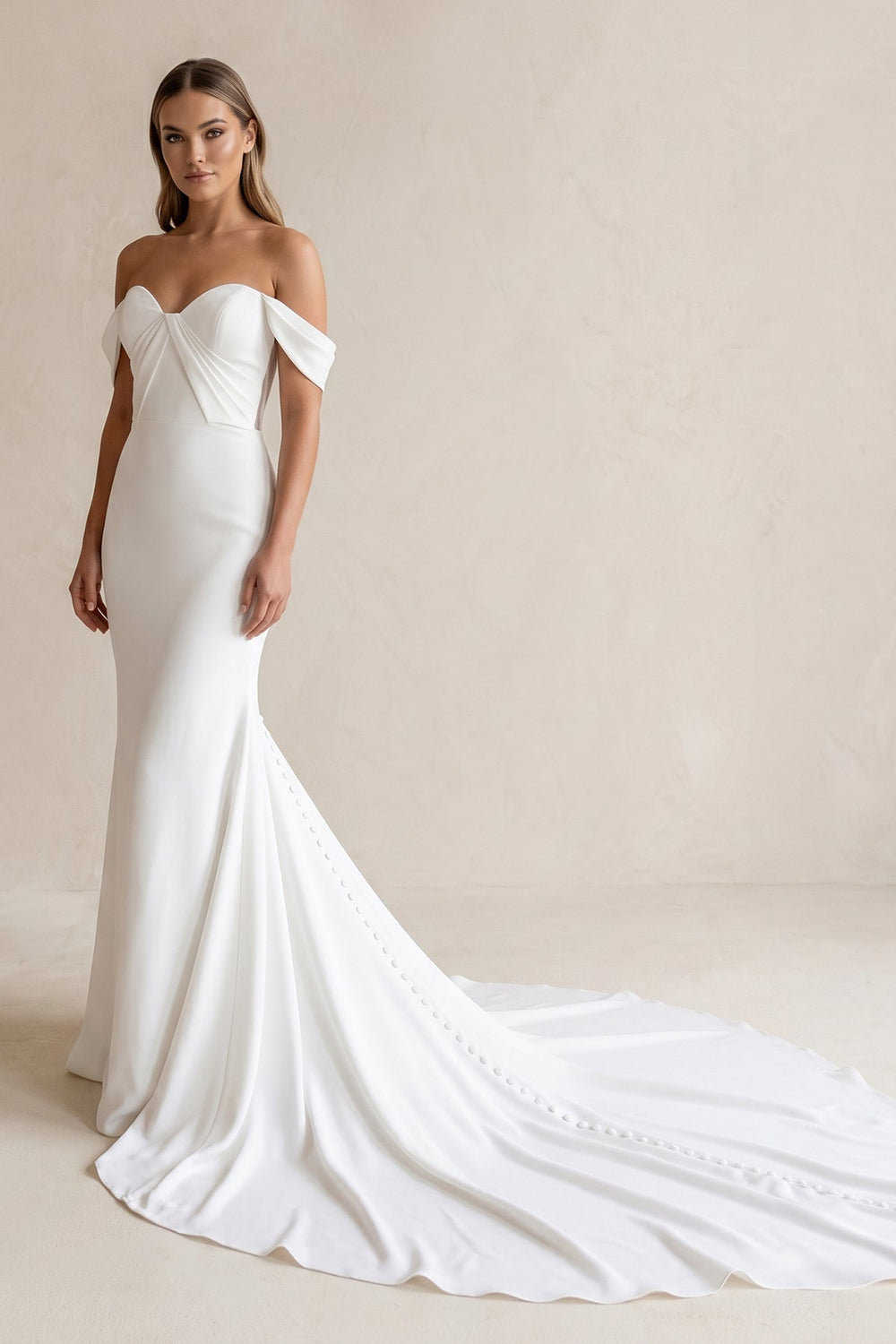 Off-the-Shoulder Satin Mermaid Wedding Dress in White