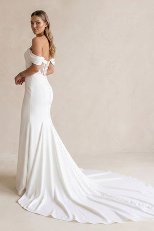 Off - the - Shoulder Satin Mermaid Wedding Dress in White - KISS BRIDAL Wedding Dresses