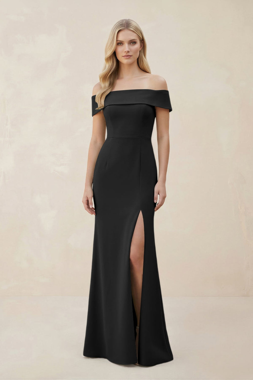 Off-the-Shoulder Satin Sheath Bridesmaid Dress With Slit in Black