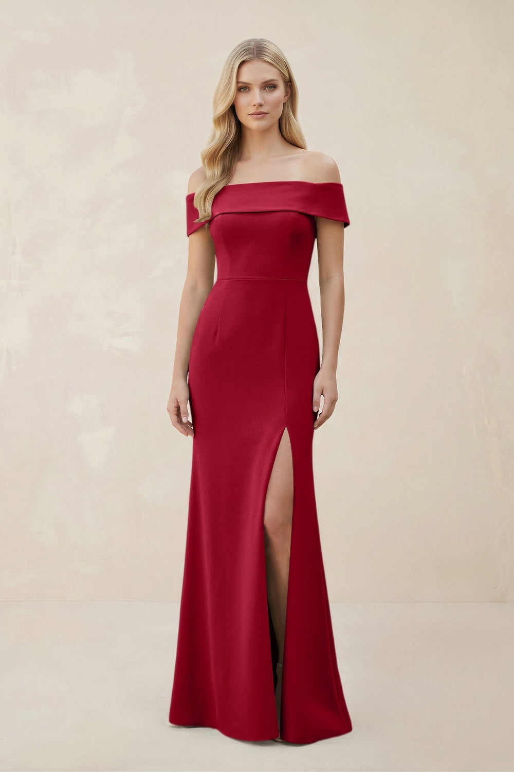 Off-the-Shoulder Satin Sheath Bridesmaid Dress With Slit in Burgundy