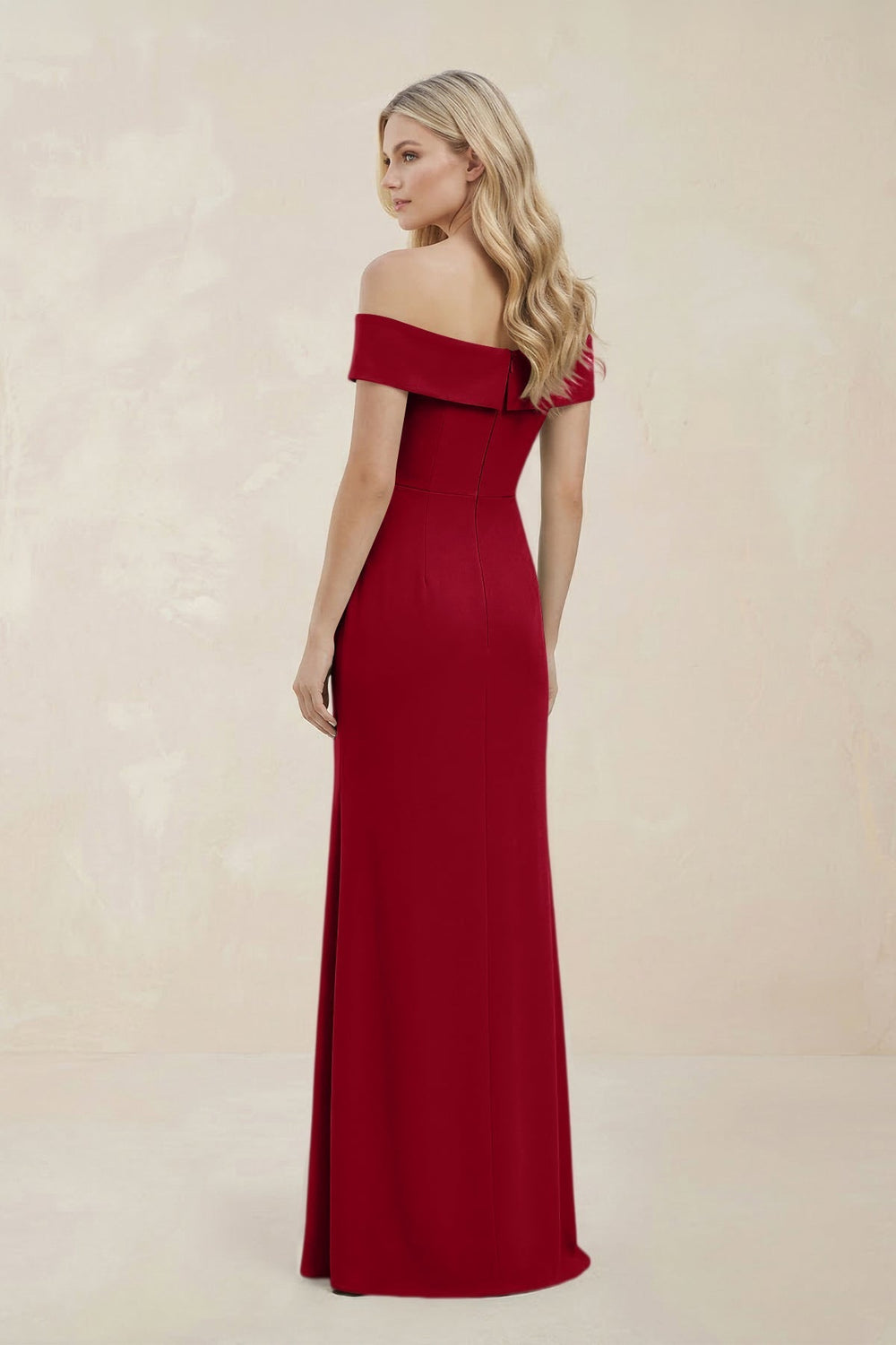 Off-the-Shoulder Satin Sheath Bridesmaid Dress With Slit in Burgundy