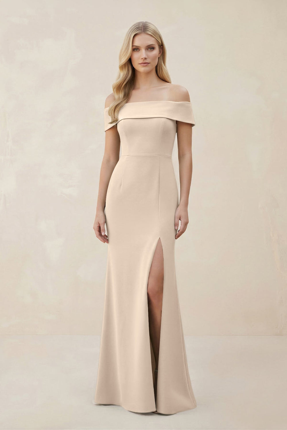 Off-the-Shoulder Satin Sheath Bridesmaid Dress With Slit in Champagne