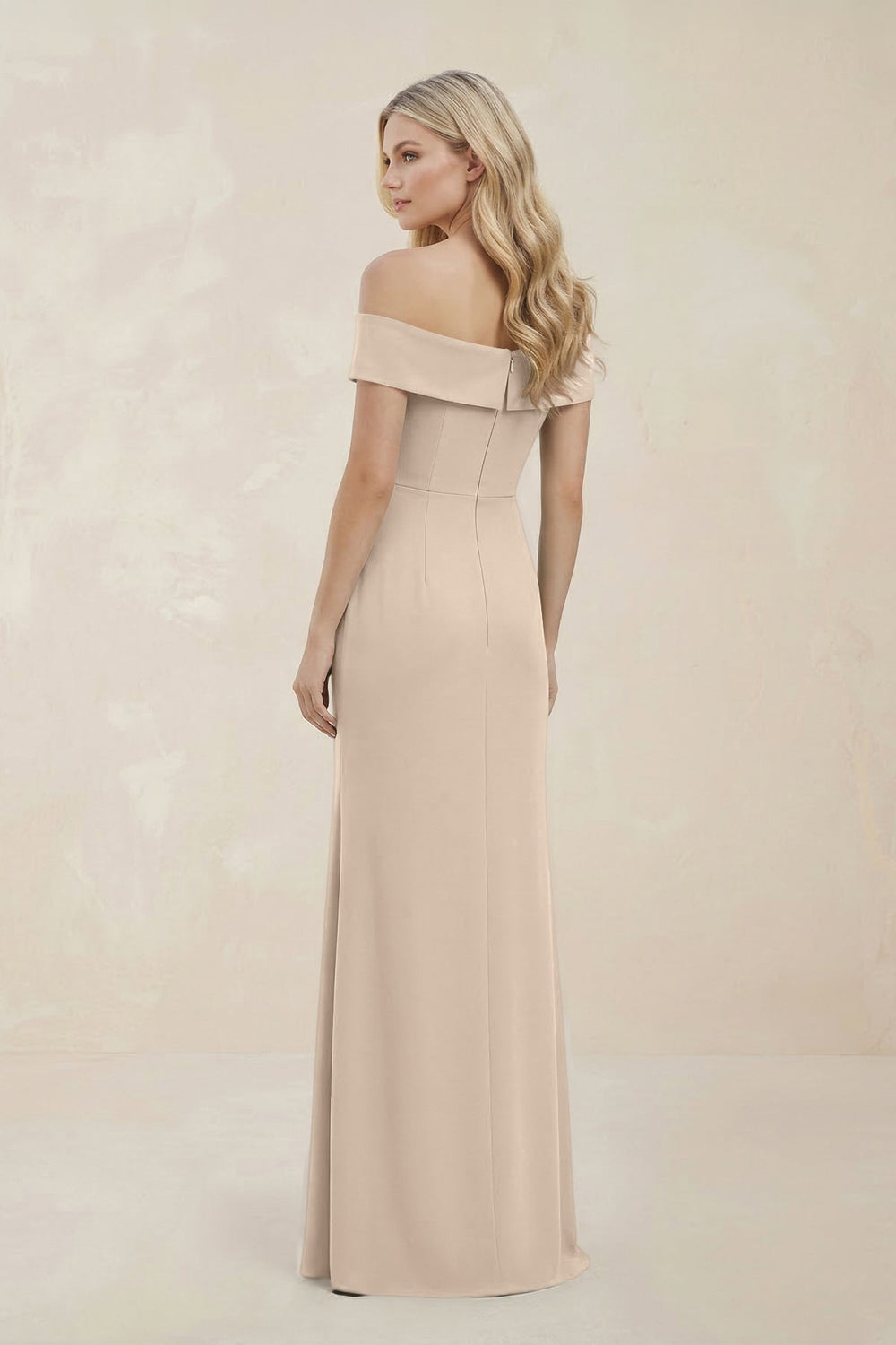Off-the-Shoulder Satin Sheath Bridesmaid Dress With Slit in Champagne