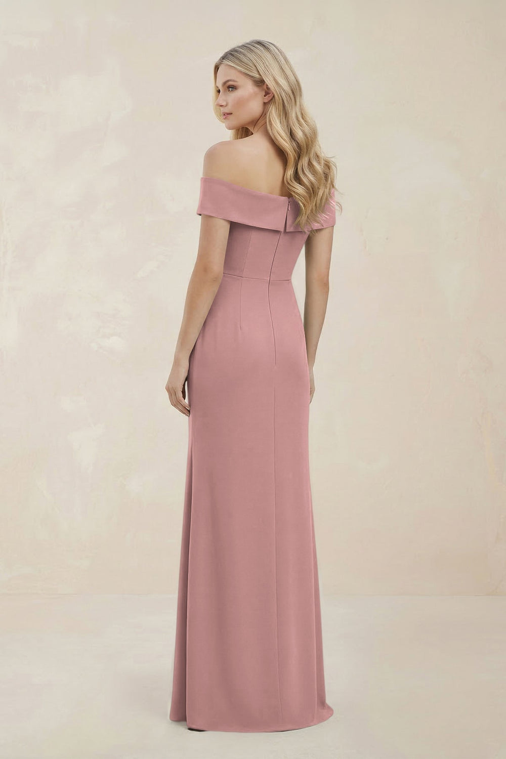 Off-the-Shoulder Satin Sheath Bridesmaid Dress With Slit in Champagne Rose