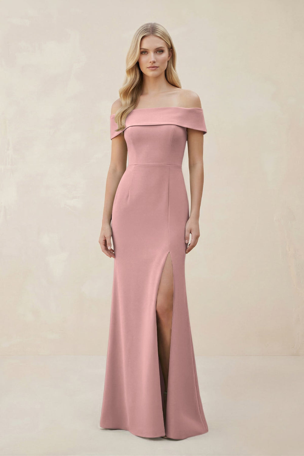 Off-the-Shoulder Satin Sheath Bridesmaid Dress With Slit in Champagne Rose