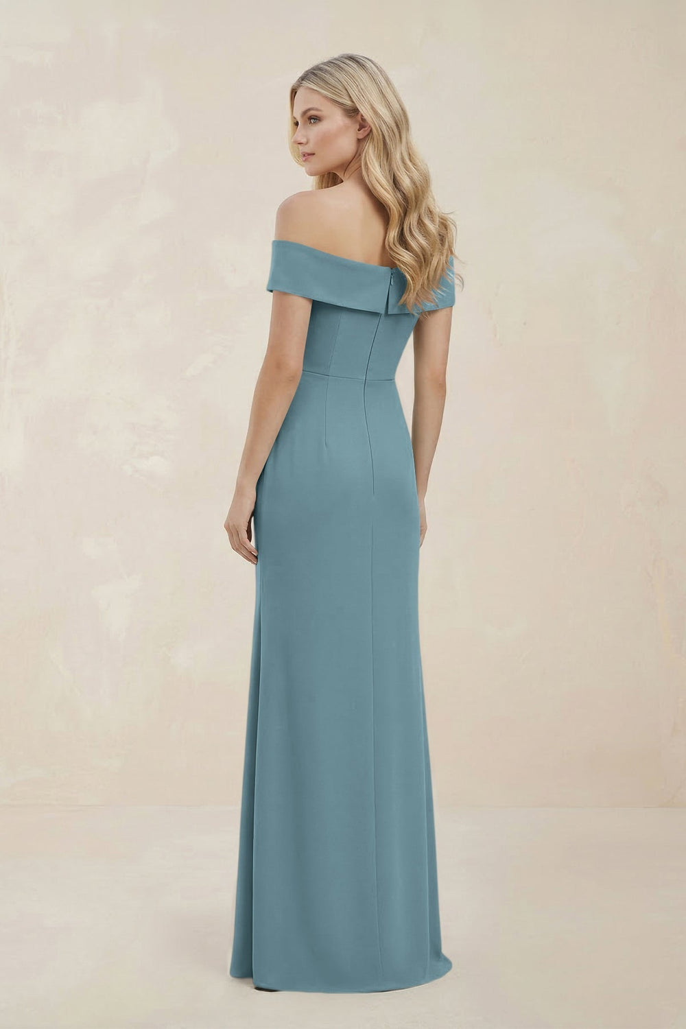 Off-the-Shoulder Satin Sheath Bridesmaid Dress With Slit in Dusty Blue